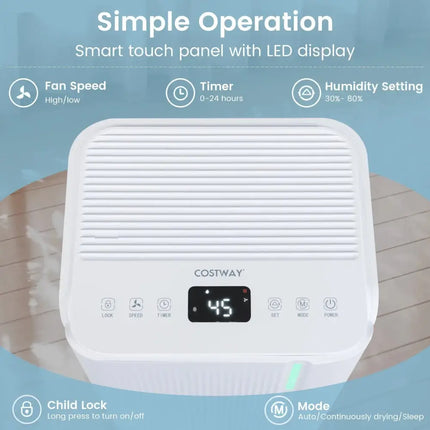32 Pints 2000 Sq.ft Portable Dehumidifier for Home and Basement-White Costway