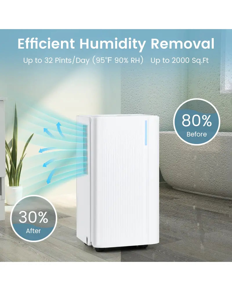 32 Pints 2000 Sq.ft Portable Dehumidifier for Home and Basement-White - White - Dehumidifiers
