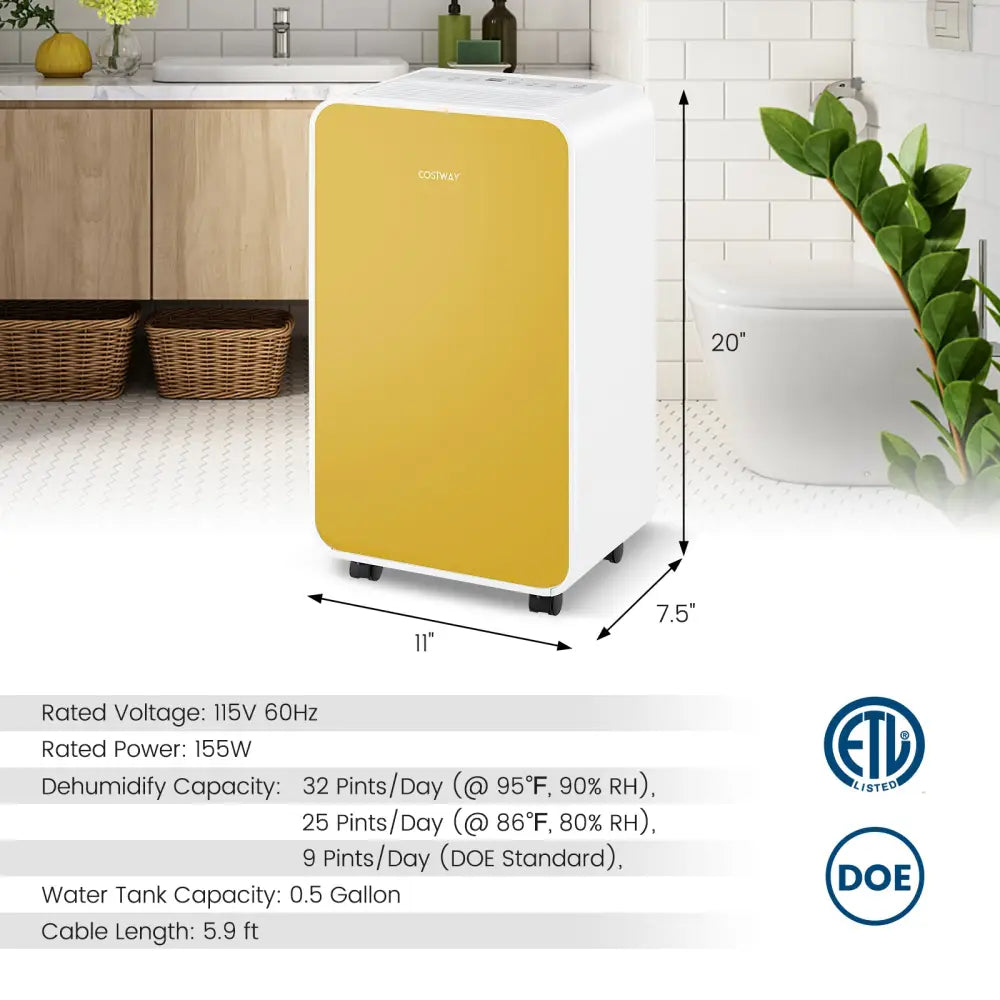 32 Pints/Day Portable Quiet Dehumidifier for Rooms up to 2500 Sq. Ft-Yellow - Yellow - Dehumidifiers