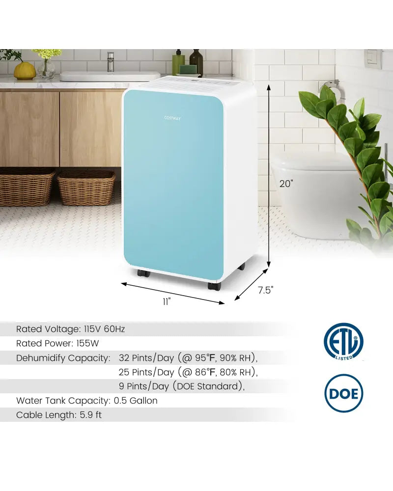 32 Pints/Day Portable Quiet Dehumidifier for Rooms up to 2500 Sq. Ft-Blue - Blue - Dehumidifiers
