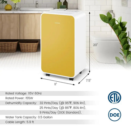32 Pints/Day Portable Quiet Dehumidifier for Rooms up to 2500 Sq. Ft-Yellow Costway