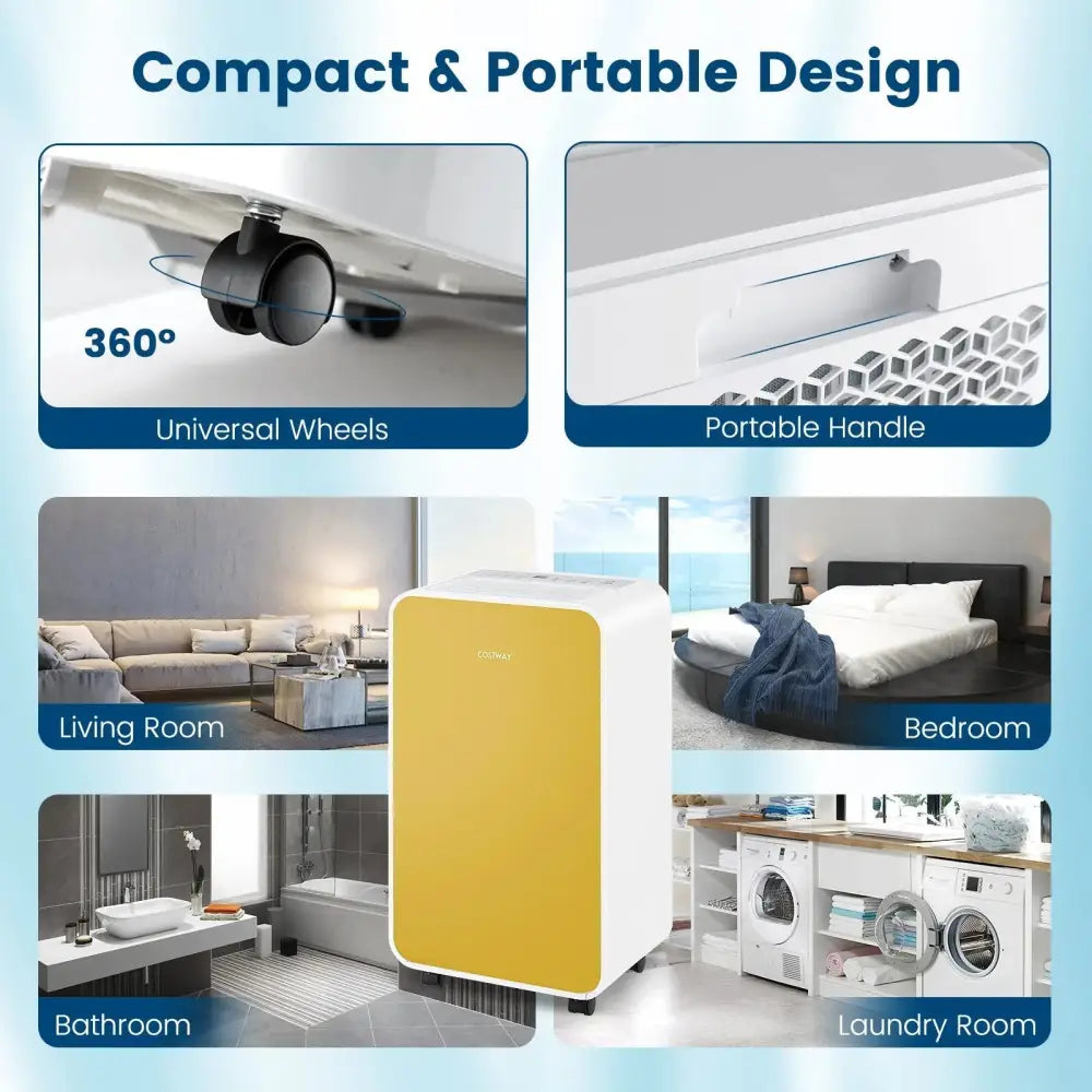 32 Pints/Day Portable Quiet Dehumidifier for Rooms up to 2500 Sq. Ft-Yellow Costway