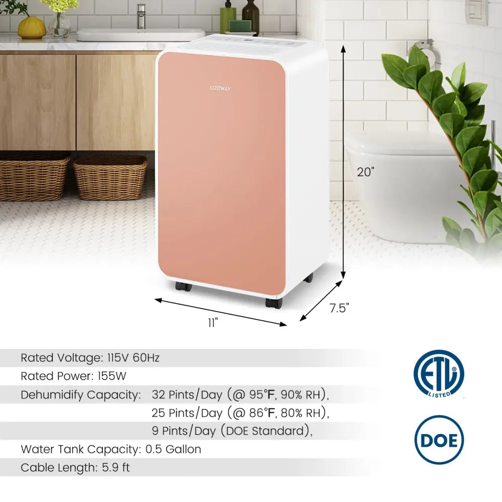 32 Pints/Day Portable Quiet Dehumidifier for Rooms up to 2500 Sq. Ft-Pink - Pink - Dehumidifiers