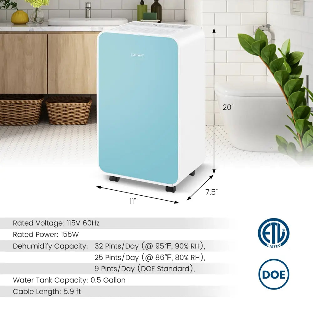 32 Pints/Day Portable Quiet Dehumidifier for Rooms up to 2500 Sq. Ft-Blue - Blue - Dehumidifiers