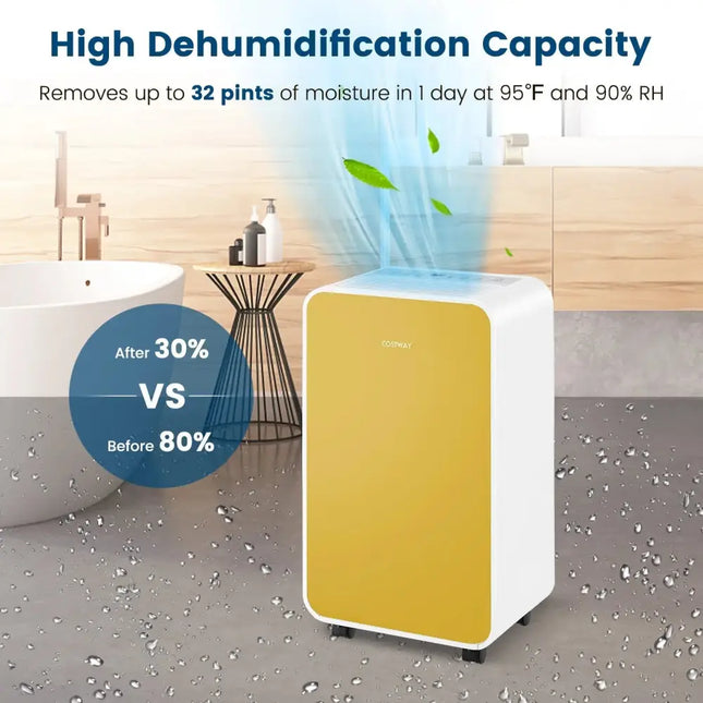 32 Pints/Day Portable Quiet Dehumidifier for Rooms up to 2500 Sq. Ft-Yellow Costway