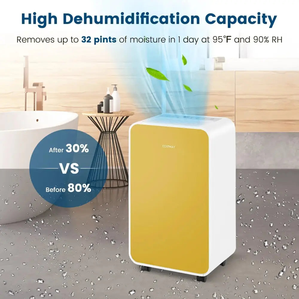 32 Pints/Day Portable Quiet Dehumidifier for Rooms up to 2500 Sq. Ft-Yellow Costway