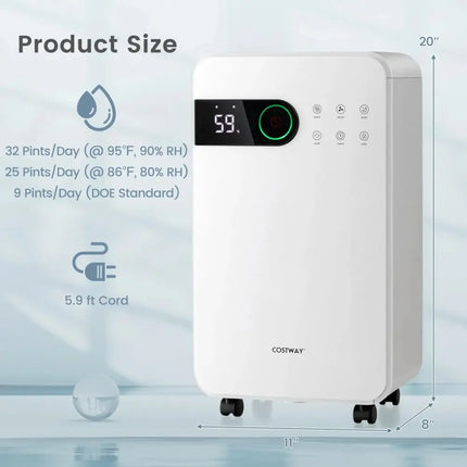 32 Pints Dehumidifier with Sleep Mode and 24H Timer for Home Basement-White Costway