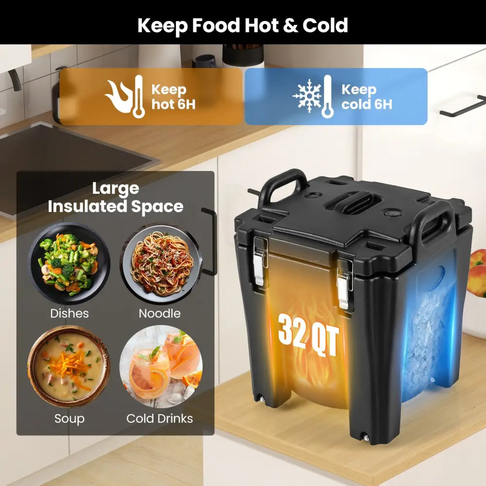 32 QT Portable Insulated Food Carrier with Stainless Steel Barrel for Catering Camping-Black - Black - Food Warmers &