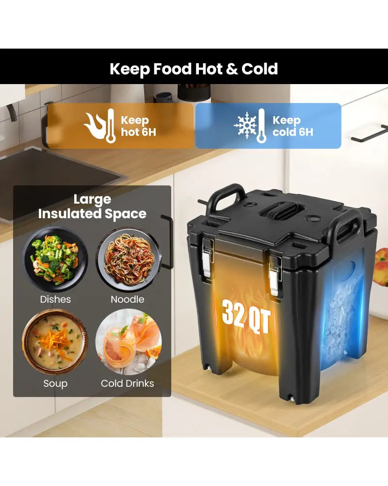 32 QT Portable Insulated Food Carrier with Stainless Steel Barrel for Catering Camping-Black - Black - Food Warmers &