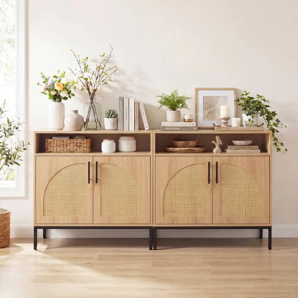 32’’ Sideboard Buffet Cabinet with 2 Natural Rattan Decorated Doors and Adjustable Shelf-Natural - Natural - Sideboards