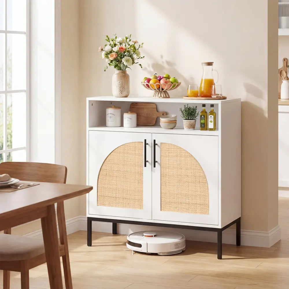 32’’ Sideboard Buffet Cabinet with 2 Natural Rattan Decorated Doors and Adjustable Shelf-White - White - Sideboards