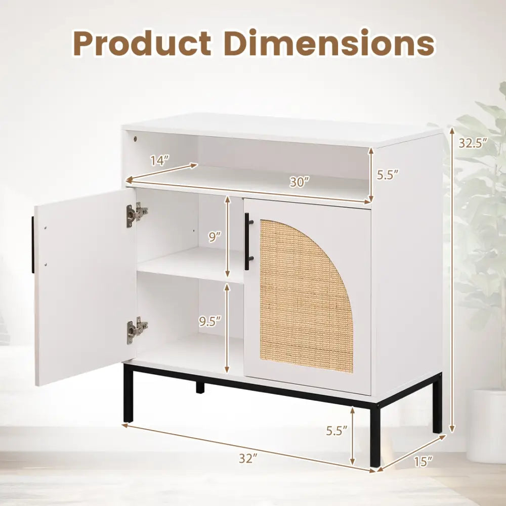 32’’ Sideboard Buffet Cabinet with 2 Natural Rattan Decorated Doors and Adjustable Shelf-White - White - Sideboards