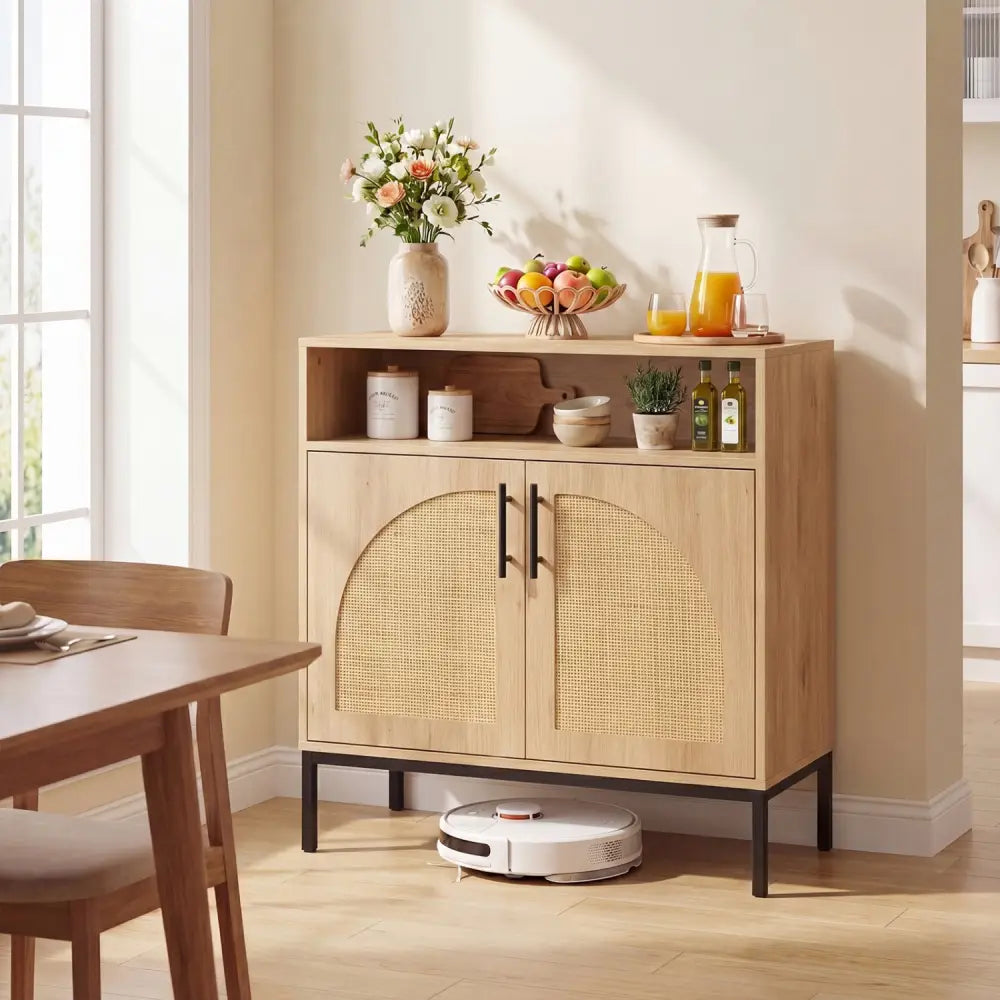 32’’ Sideboard Buffet Cabinet with 2 Natural Rattan Decorated Doors and Adjustable Shelf-Natural - Natural - Sideboards