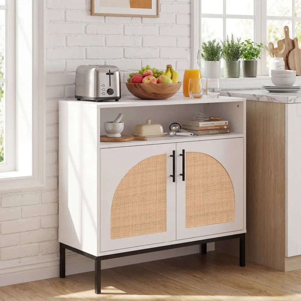 32’’ Sideboard Buffet Cabinet with 2 Natural Rattan Decorated Doors and Adjustable Shelf-White - White - Sideboards