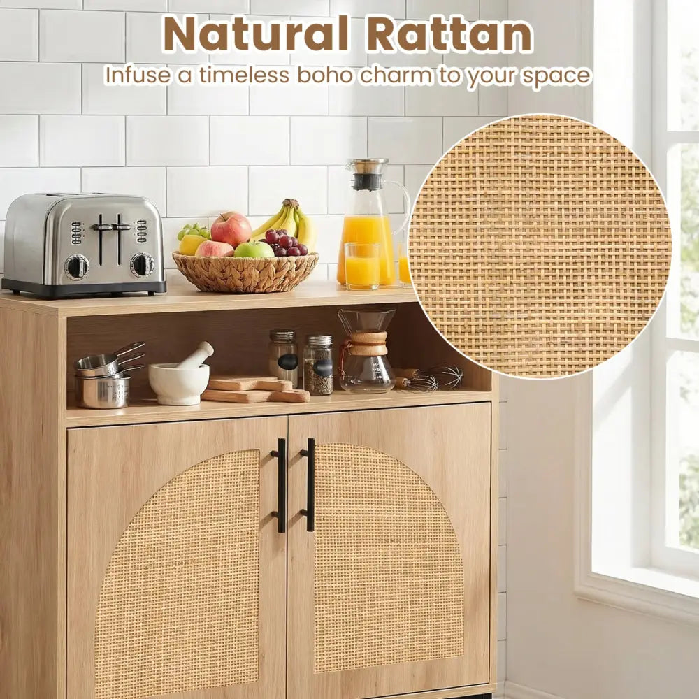 32’’ Sideboard Buffet Cabinet with 2 Natural Rattan Decorated Doors and Adjustable Shelf-Natural - Natural - Sideboards