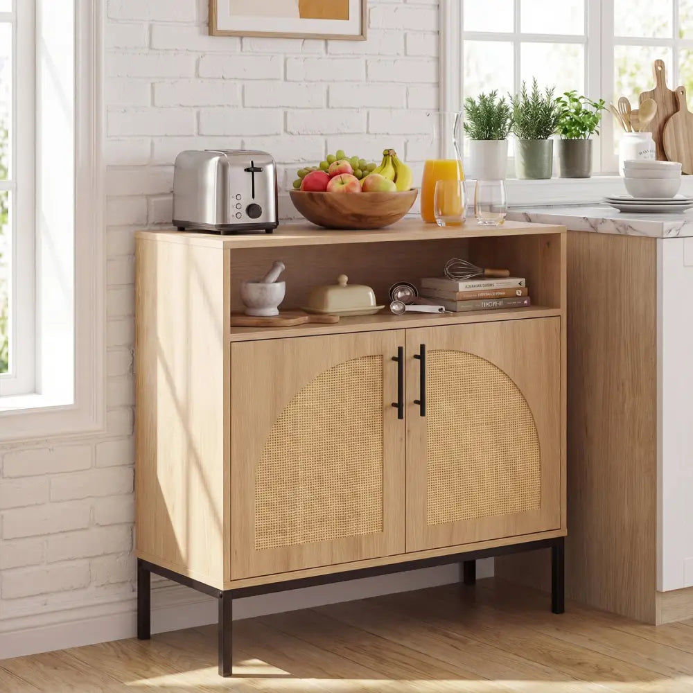 32’’ Sideboard Buffet Cabinet with 2 Natural Rattan Decorated Doors and Adjustable Shelf-Natural - Natural - Sideboards