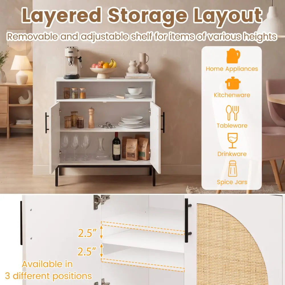 32’’ Sideboard Buffet Cabinet with 2 Natural Rattan Decorated Doors and Adjustable Shelf-White - White - Sideboards