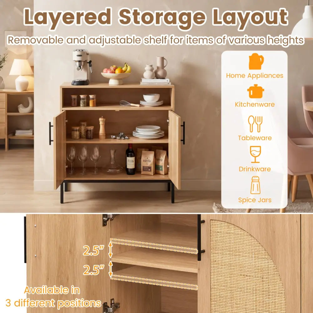32’’ Sideboard Buffet Cabinet with 2 Natural Rattan Decorated Doors and Adjustable Shelf-Natural - Natural - Sideboards