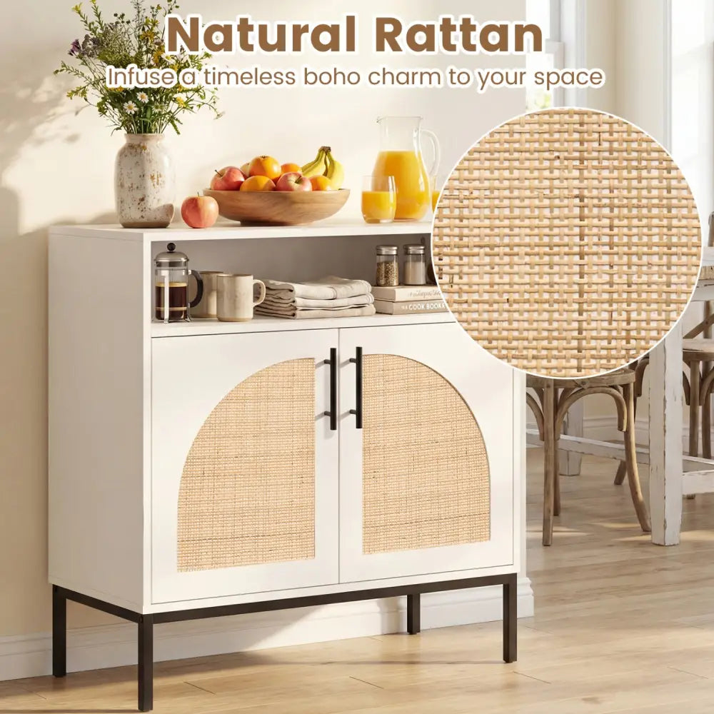 32’’ Sideboard Buffet Cabinet with 2 Natural Rattan Decorated Doors and Adjustable Shelf-White - White - Sideboards