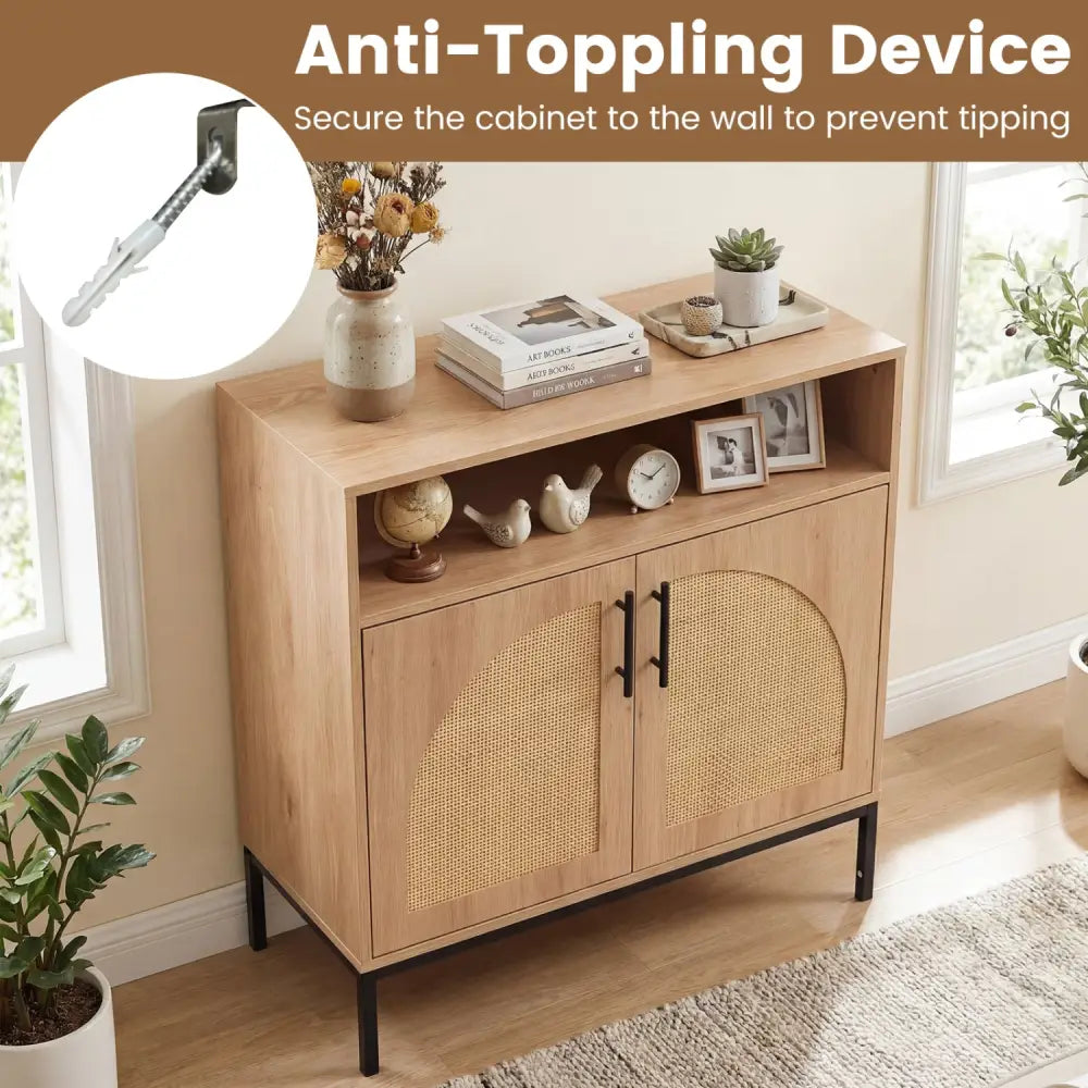 32’’ Sideboard Buffet Cabinet with 2 Natural Rattan Decorated Doors and Adjustable Shelf-Natural - Natural - Sideboards