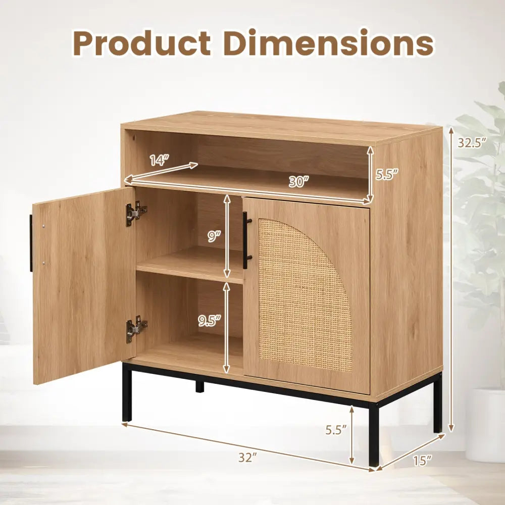 32’’ Sideboard Buffet Cabinet with 2 Natural Rattan Decorated Doors and Adjustable Shelf-Natural - Natural - Sideboards