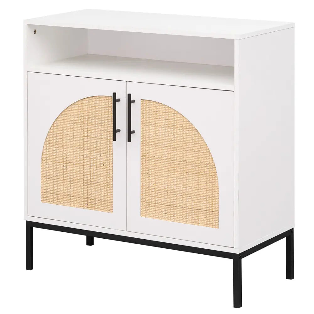 32’’ Sideboard Buffet Cabinet with 2 Natural Rattan Decorated Doors and Adjustable Shelf-White - White - Sideboards