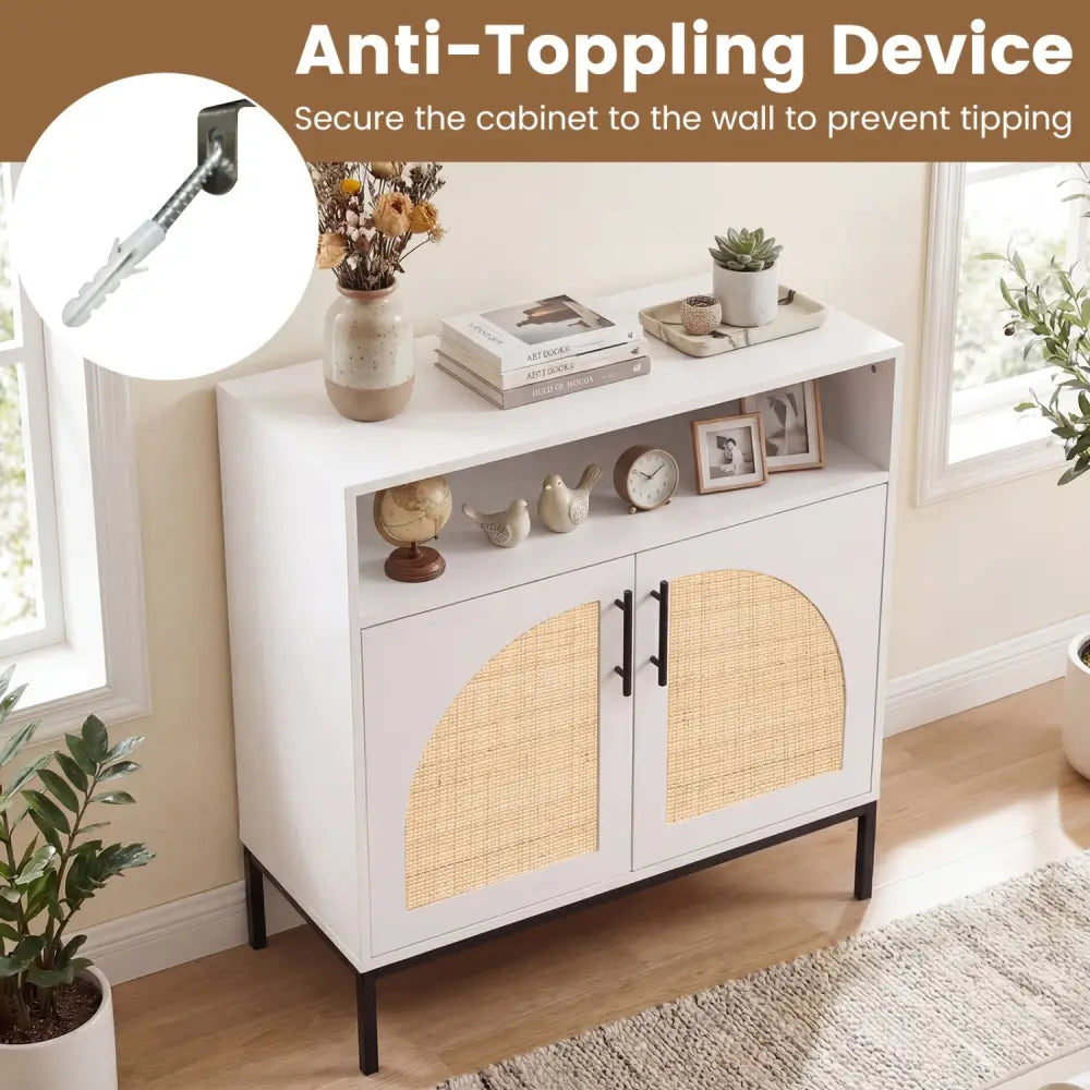 32’’ Sideboard Buffet Cabinet with 2 Natural Rattan Decorated Doors and Adjustable Shelf-White - White - Sideboards