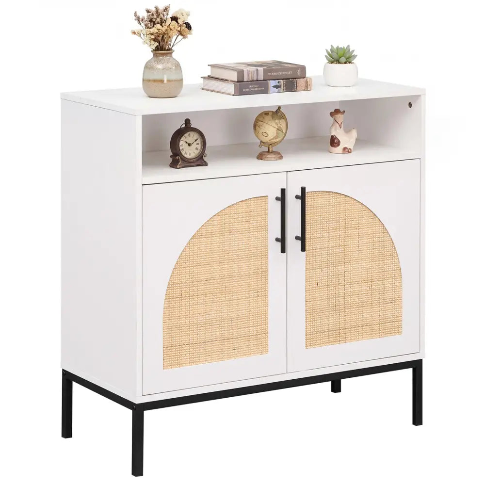 32’’ Sideboard Buffet Cabinet with 2 Natural Rattan Decorated Doors and Adjustable Shelf-White - White - Sideboards