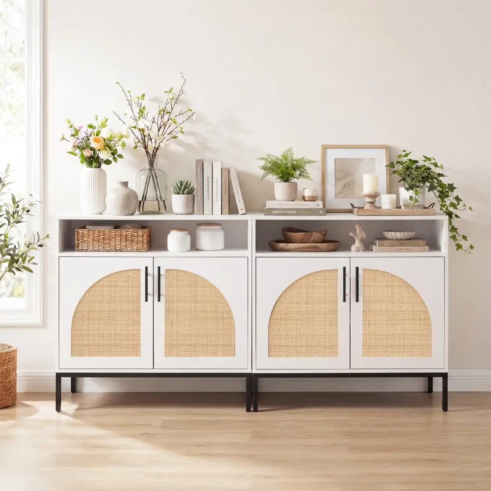 32’’ Sideboard Buffet Cabinet with 2 Natural Rattan Decorated Doors and Adjustable Shelf-White - White - Sideboards