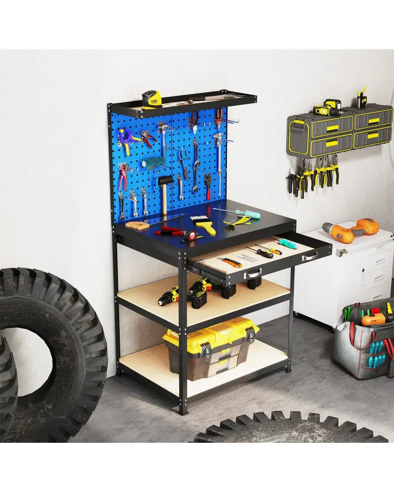 32 x 16 Inch Workbench Work Table with 2 PCs Pegboard Drawer and Shelves-Navy - Navy - Garages