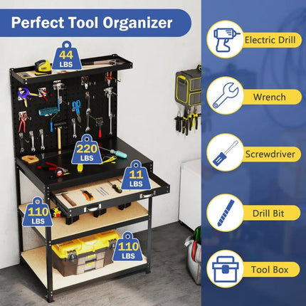32 x 16 Inch Workbench Work Table with 2 PCs Pegboard Drawer and Shelves-Black - Black - Garages