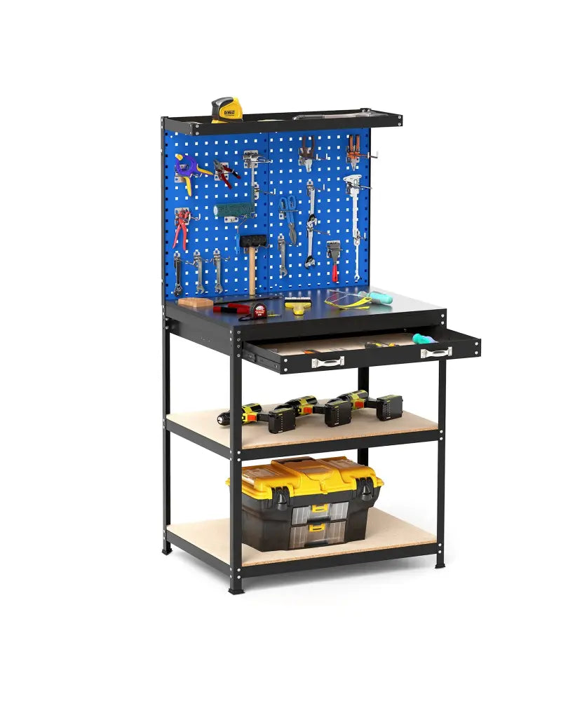 32 x 16 Inch Workbench Work Table with 2 PCs Pegboard Drawer and Shelves-Navy - Navy - Garages