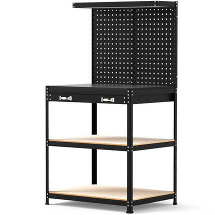 32 x 16 Inch Workbench Work Table with 2 PCs Pegboard Drawer and Shelves-Black - Black - Garages