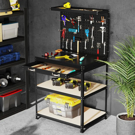 32 x 16 Inch Workbench Work Table with 2 PCs Pegboard Drawer and Shelves-Black - Black - Garages