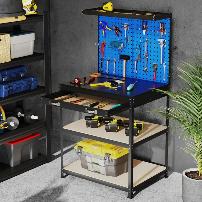 32 x 16 Inch Workbench Work Table with 2 PCs Pegboard Drawer and Shelves-Navy - Navy - Garages