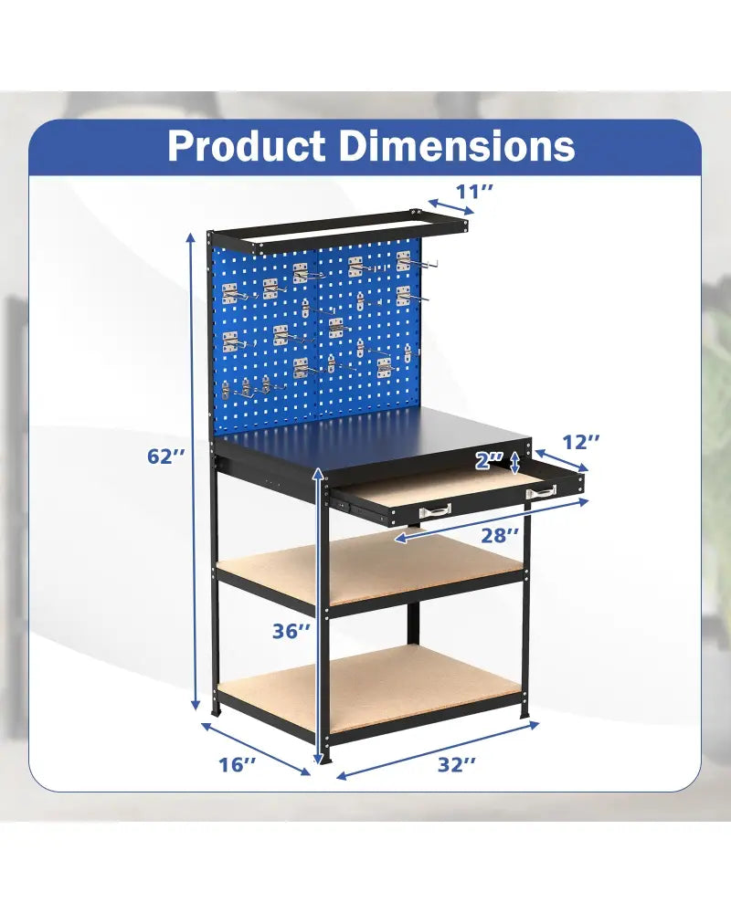32 x 16 Inch Workbench Work Table with 2 PCs Pegboard Drawer and Shelves-Navy - Navy - Garages