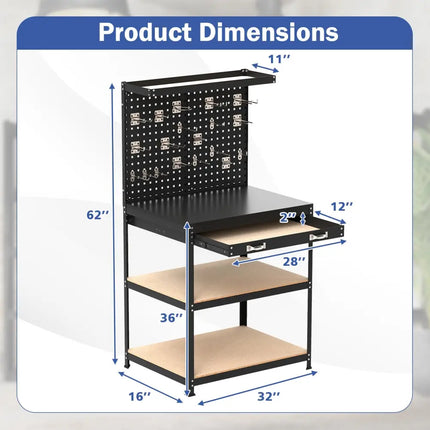 32 x 16 Inch Workbench Work Table with 2 PCs Pegboard Drawer and Shelves-Black - Black - Garages