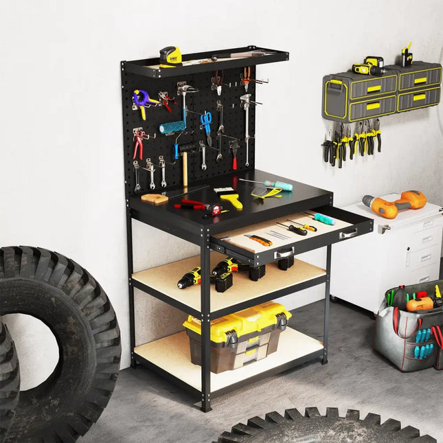 32 x 16 Inch Workbench Work Table with 2 PCs Pegboard Drawer and Shelves-Black - Black - Garages