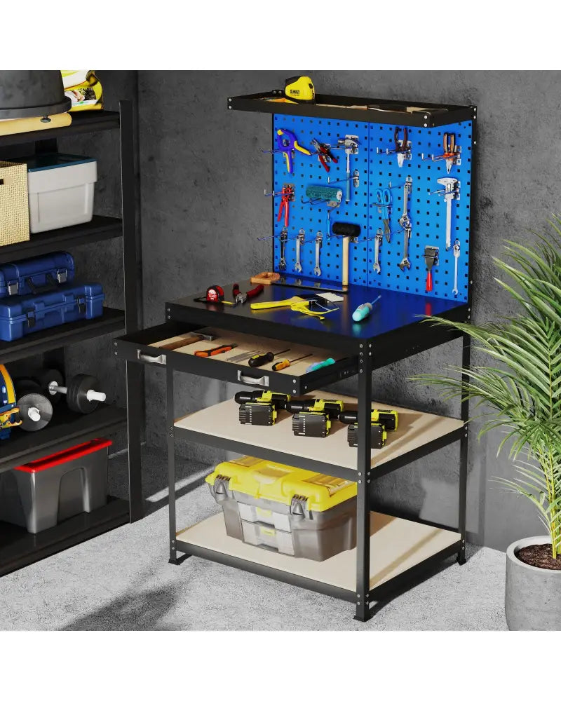 32 x 16 Inch Workbench Work Table with 2 PCs Pegboard Drawer and Shelves-Navy - Navy - Garages