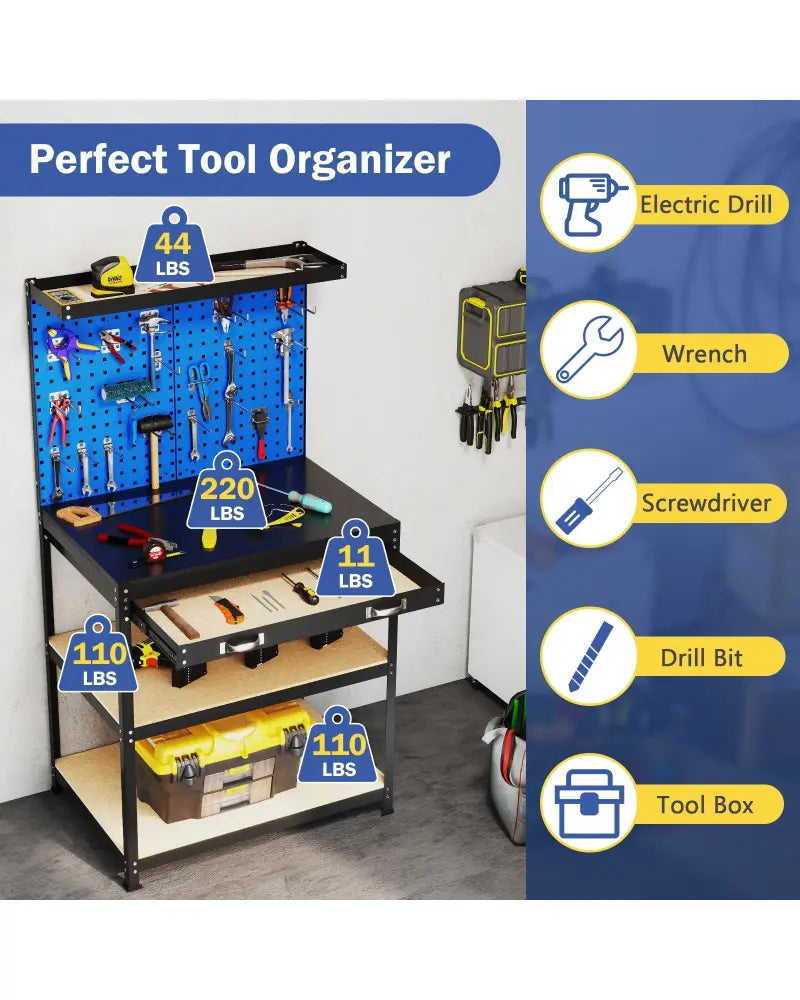 32 x 16 Inch Workbench Work Table with 2 PCs Pegboard Drawer and Shelves-Navy - Navy - Garages