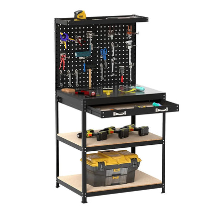 32 x 16 Inch Workbench Work Table with 2 PCs Pegboard Drawer and Shelves-Black - Black - Garages