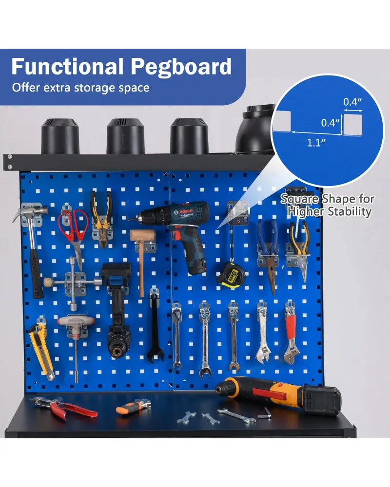 32 x 16 Inch Workbench Work Table with 2 PCs Pegboard Drawer and Shelves-Navy - Navy - Garages