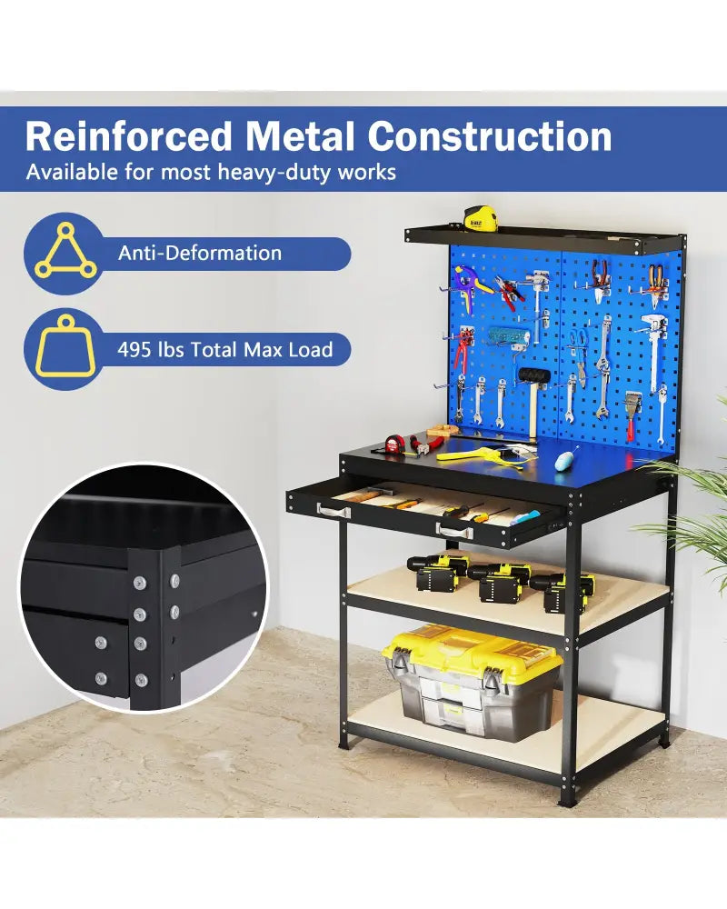32 x 16 Inch Workbench Work Table with 2 PCs Pegboard Drawer and Shelves-Navy - Navy - Garages