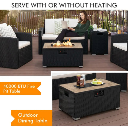 32 x 20 Inch Propane Rattan Fire Pit Table Set with Side Table Tank and Cover-Black - Black - Outdoor Heating