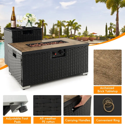 32 x 20 Inch Propane Rattan Fire Pit Table Set with Side Table Tank and Cover-Black - Black - Outdoor Heating