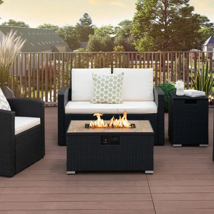 32 x 20 Inch Propane Rattan Fire Pit Table Set with Side Table Tank and Cover-Black - Black - Outdoor Heating