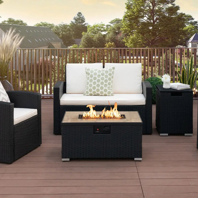 32 x 20 Inch Propane Rattan Fire Pit Table Set with Side Table Tank and Cover-Black - Black - Outdoor Heating