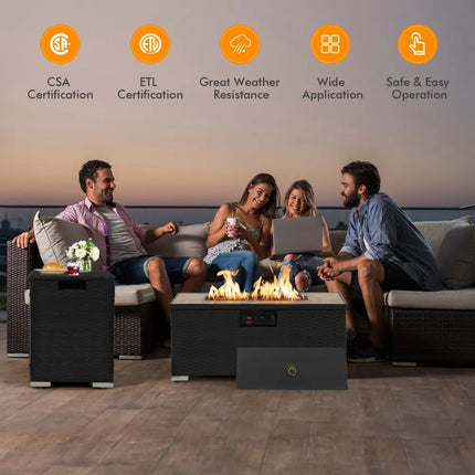 32 x 20 Inch Propane Rattan Fire Pit Table Set with Side Table Tank and Cover-Black - Black - Outdoor Heating