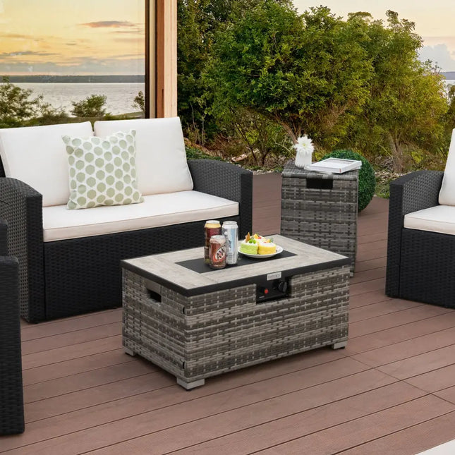 32 x 20 Inch Propane Rattan Fire Pit Table Set with Side Table Tank and Cover-Gray - Gray - Outdoor Heating