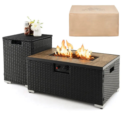 32 x 20 Inch Propane Rattan Fire Pit Table Set with Side Table Tank and Cover-Black - Black - Outdoor Heating